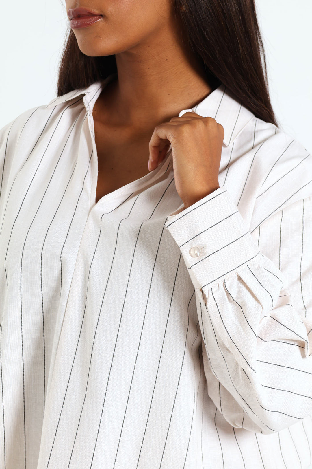 V-Neck Collared Striped Shirt - Beige/Black