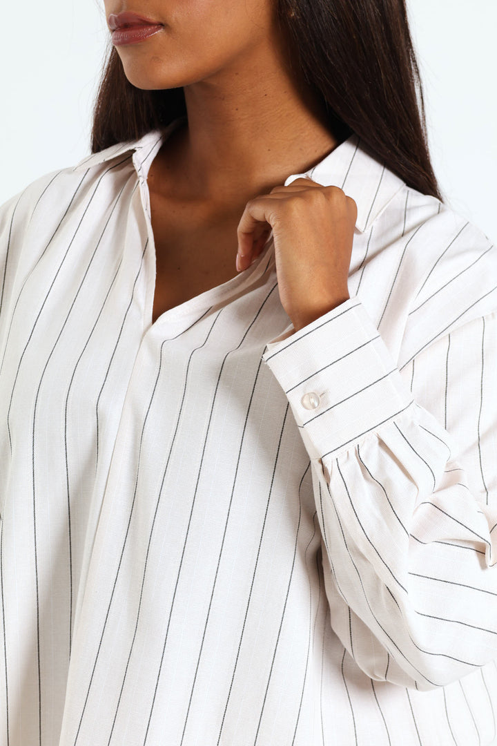 V-Neck Collared Striped Shirt - Beige/Black