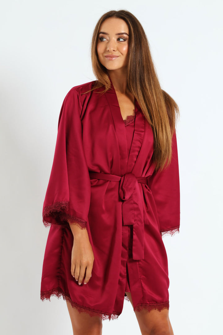 Satin Lace Trim Gown - Deep Red