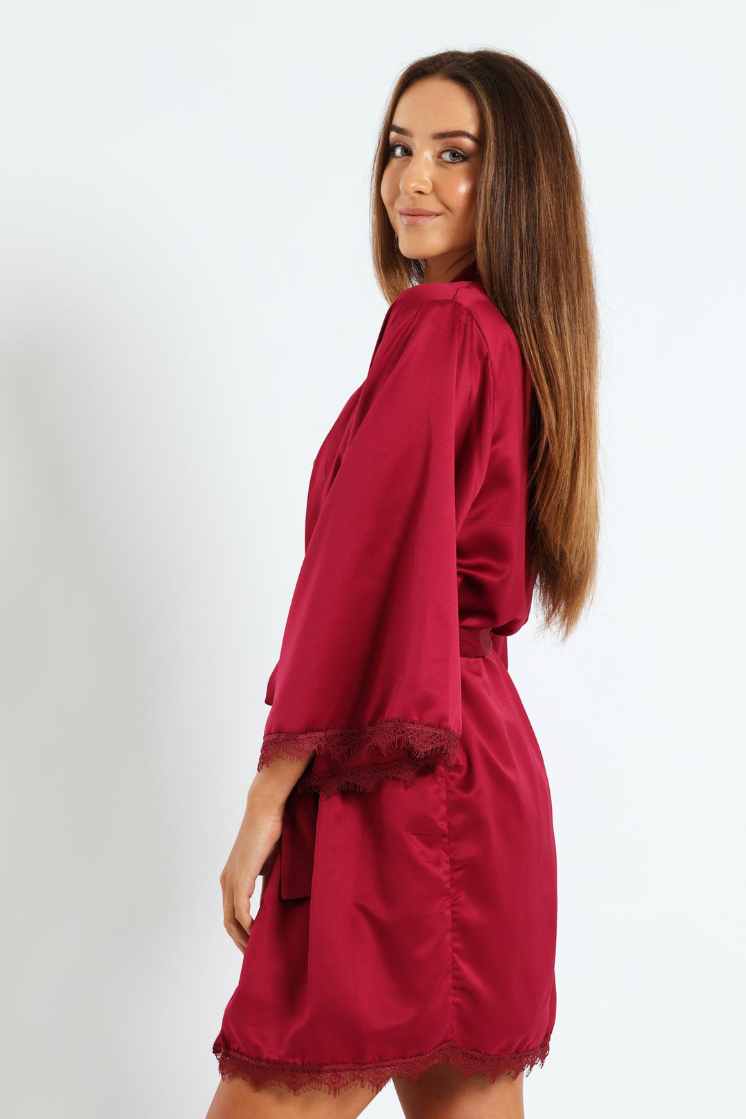 Satin Lace Trim Gown - Deep Red
