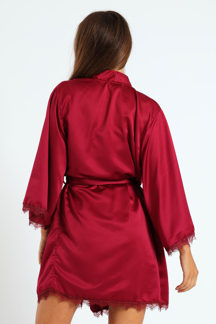 Satin Lace Trim Gown - Deep Red