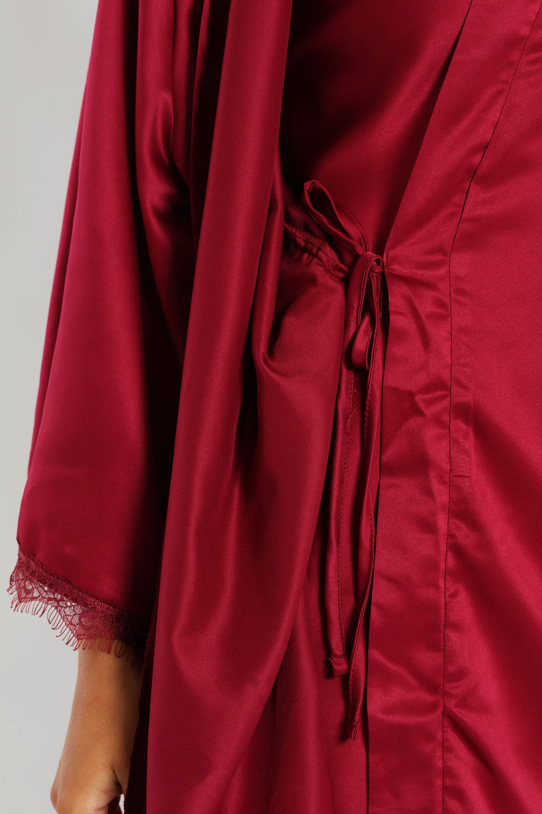 Satin Lace Trim Gown - Deep Red