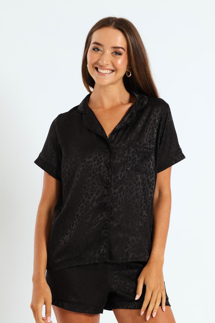 Leopard Embossed Button Through & Short Set - Black