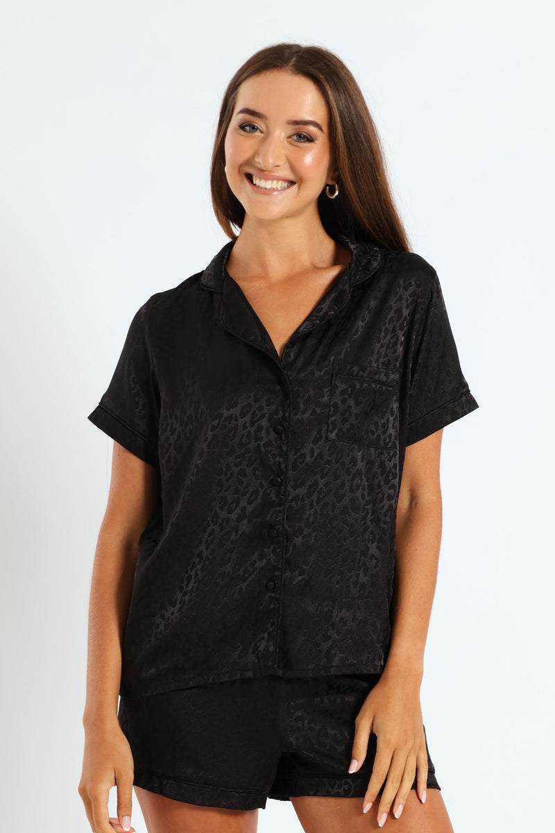 Leopard Embossed Button Through & Short Set - Black