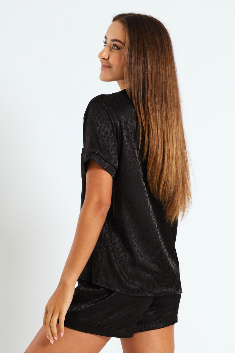 Leopard Embossed Button Through & Short Set - Black