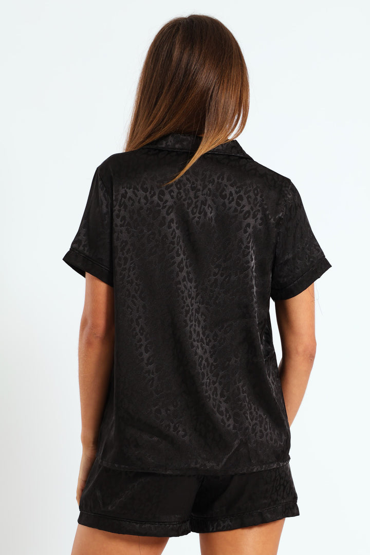 Leopard Embossed Button Through & Short Set - Black