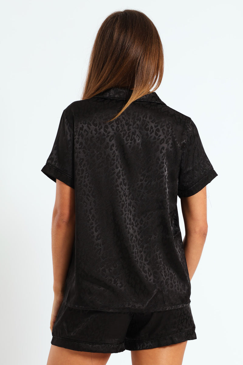 Leopard Embossed Button Through & Short Set - Black