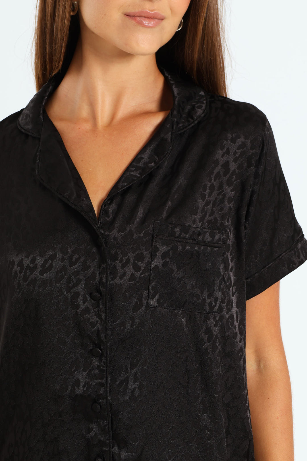 Leopard Embossed Button Through & Short Set - Black