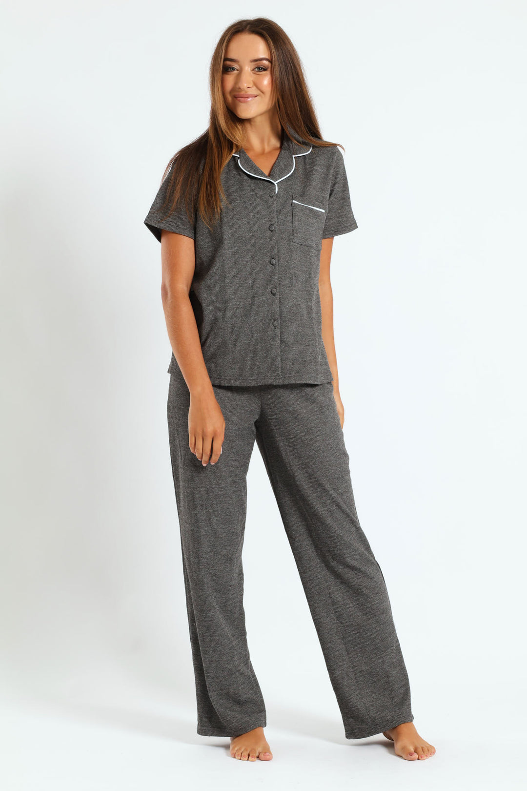 Button Through & Waffle Pant Set - Charcoal