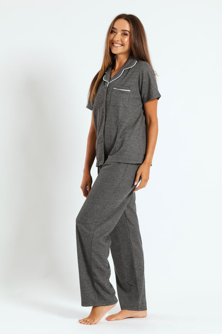 Button Through & Waffle Pant Set - Charcoal