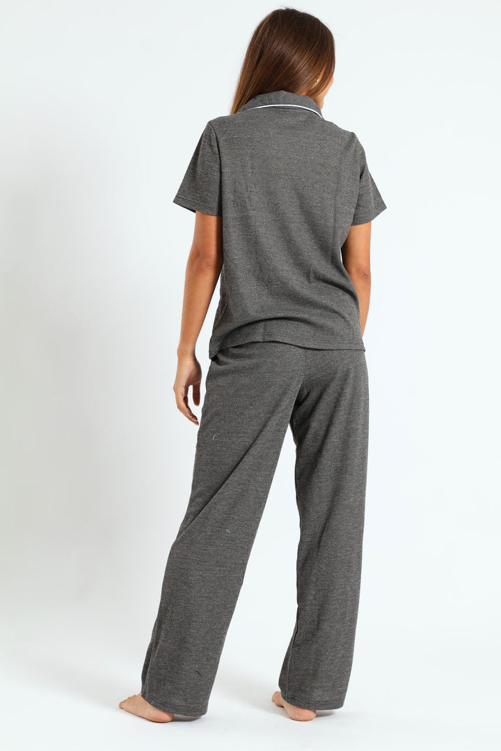 Button Through & Waffle Pant Set - Charcoal
