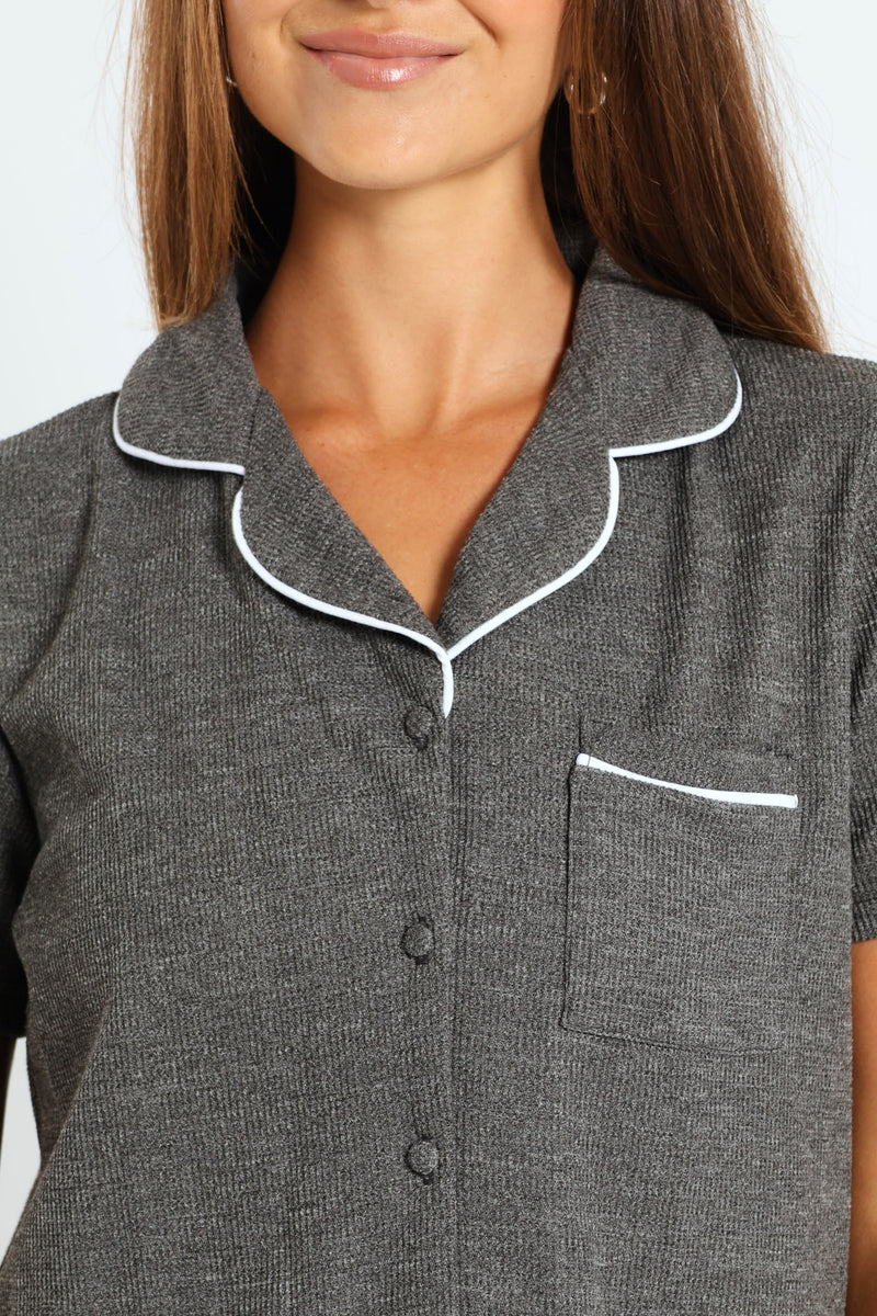 Button Through & Waffle Pant Set - Charcoal