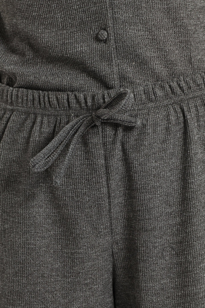 Button Through & Waffle Pant Set - Charcoal