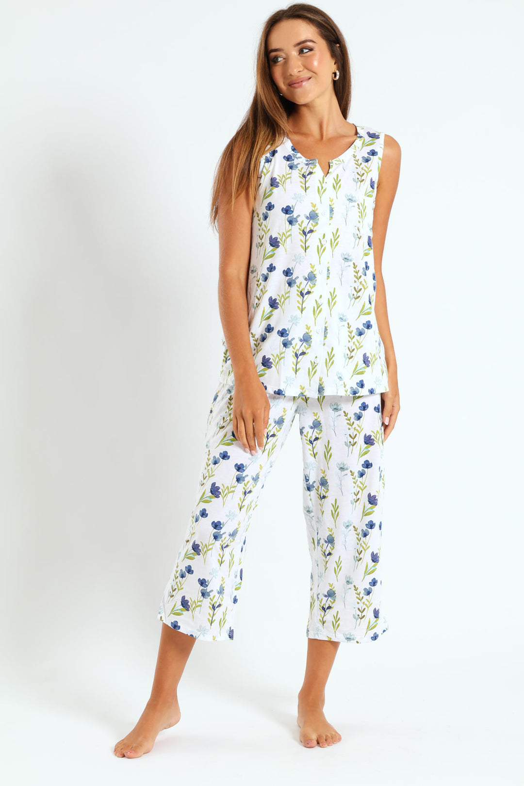 Blue Flower Button Through & Capri Knit Set  - White