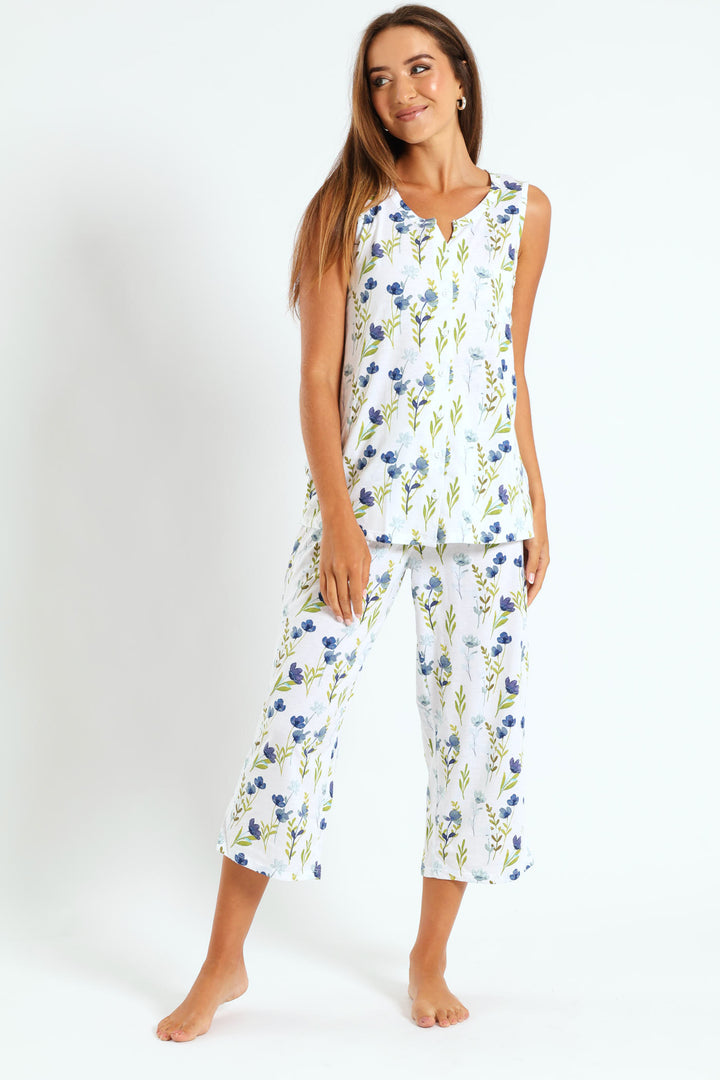 Blue Flower Button Through & Capri Knit Set  - White