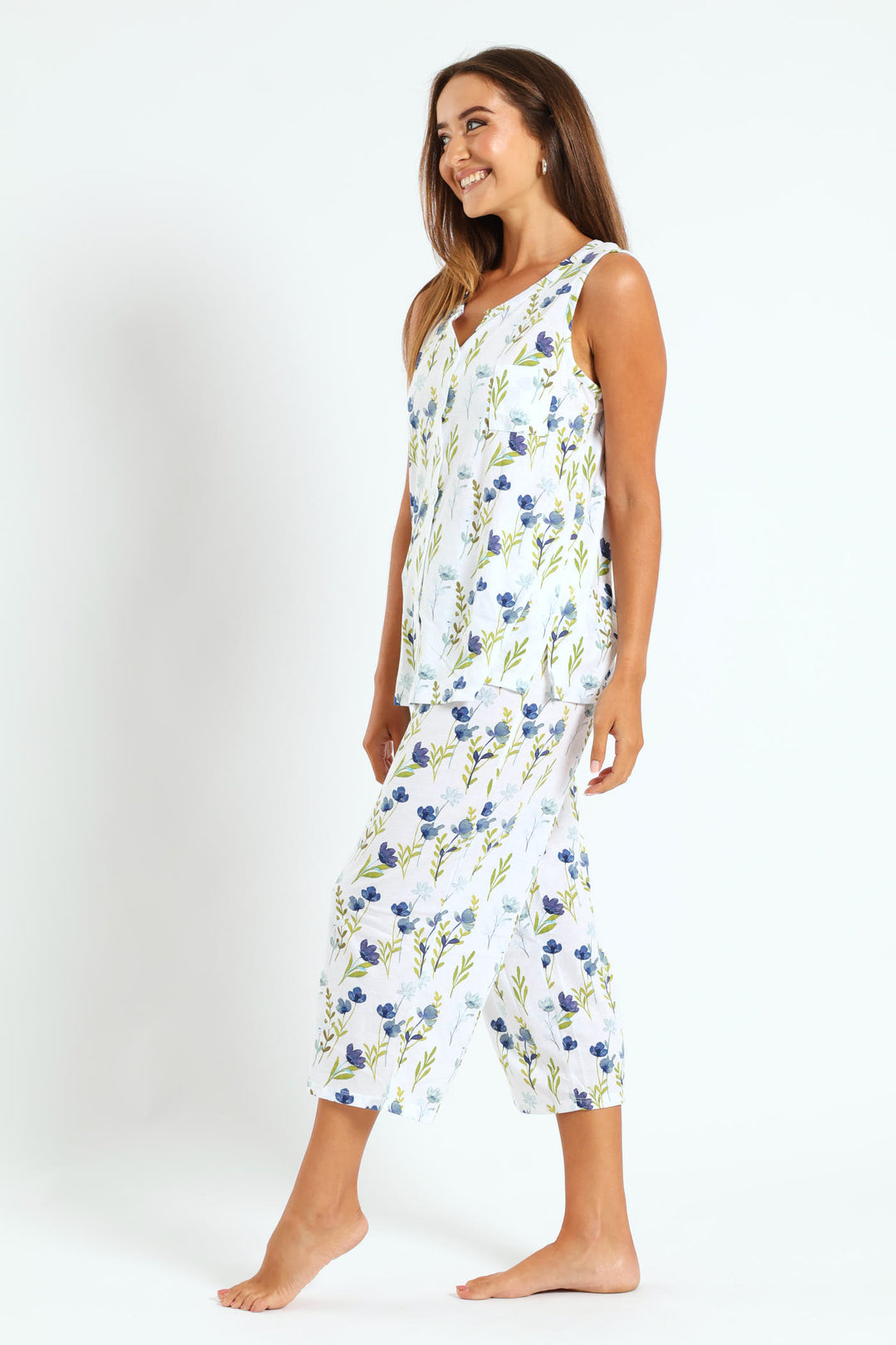 Blue Flower Button Through & Capri Knit Set  - White