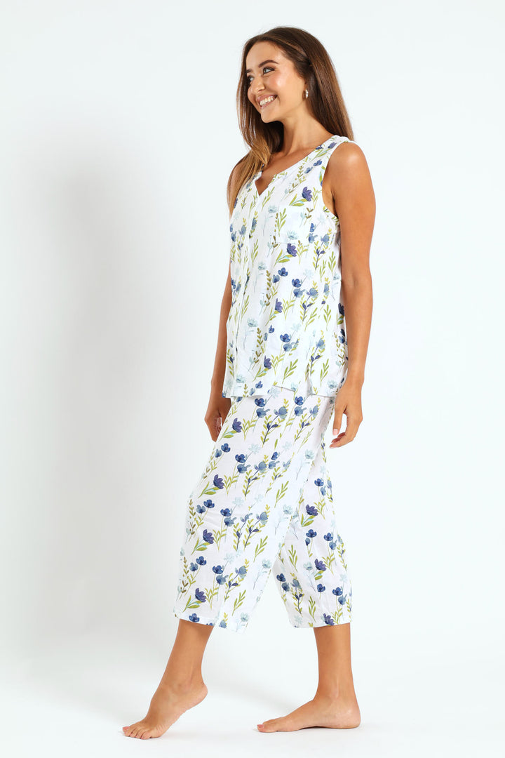 Blue Flower Button Through & Capri Knit Set  - White