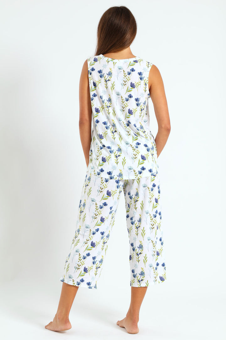 Blue Flower Button Through & Capri Knit Set  - White