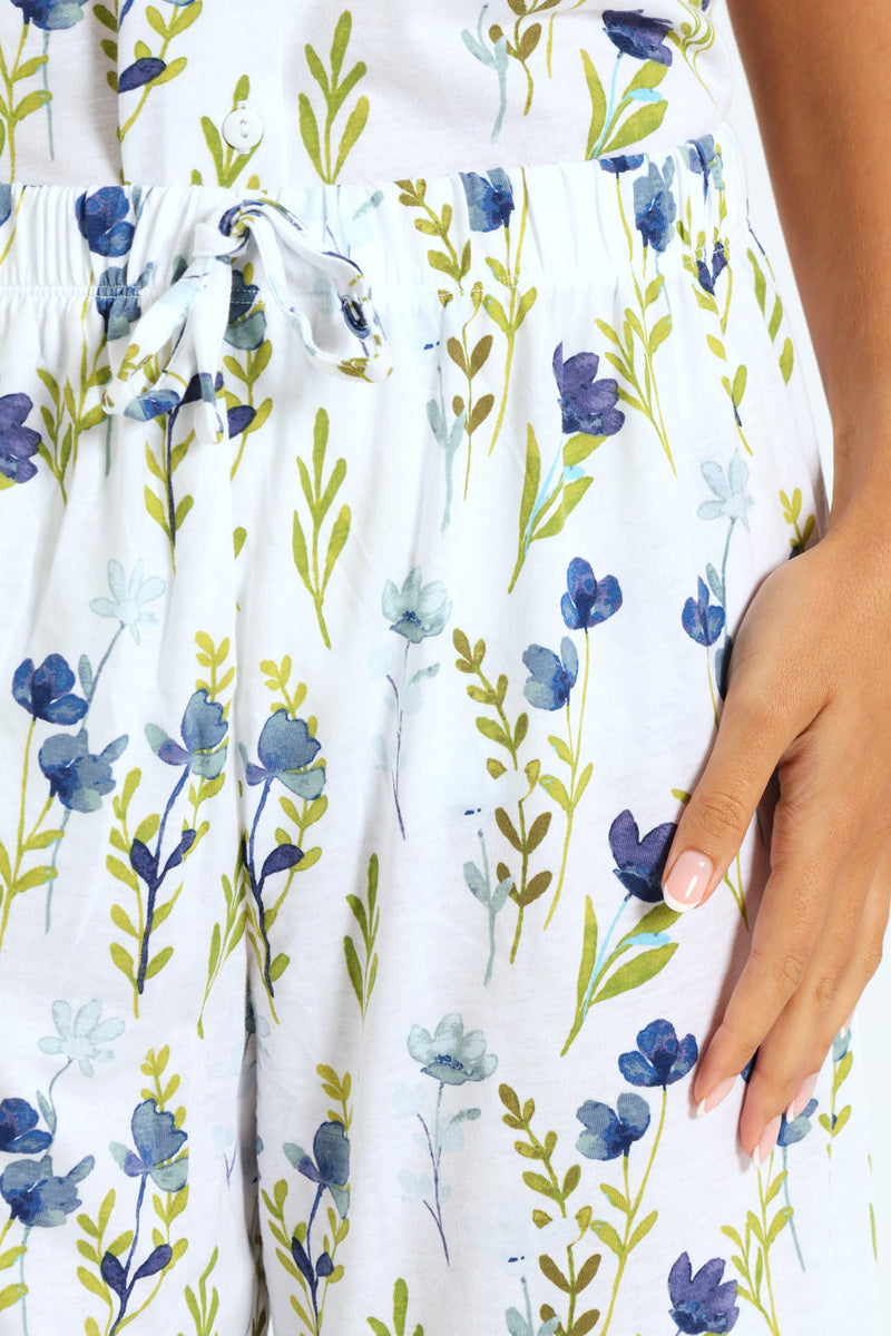 Blue Flower Button Through & Capri Knit Set  - White