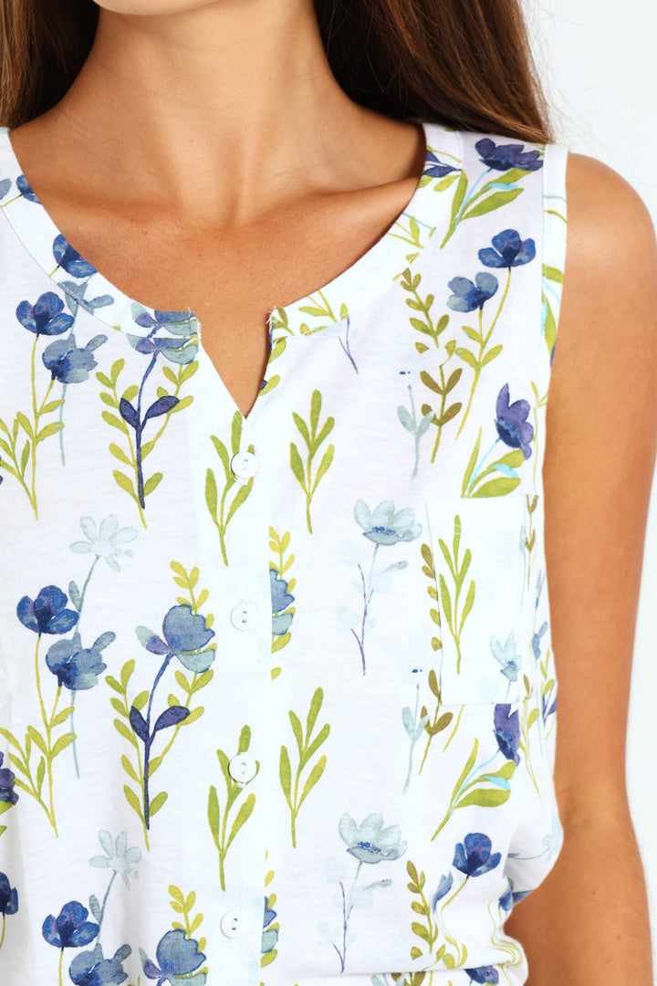 Blue Flower Button Through & Capri Knit Set  - White