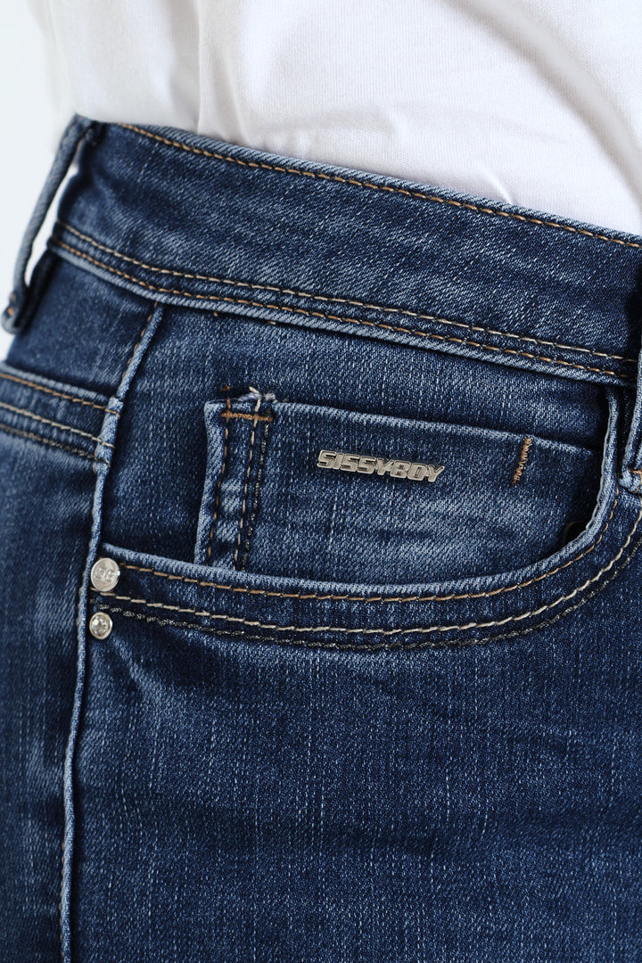 Axel Skinny Jean With Back Pocket Embroidery Detail - Mid Blue