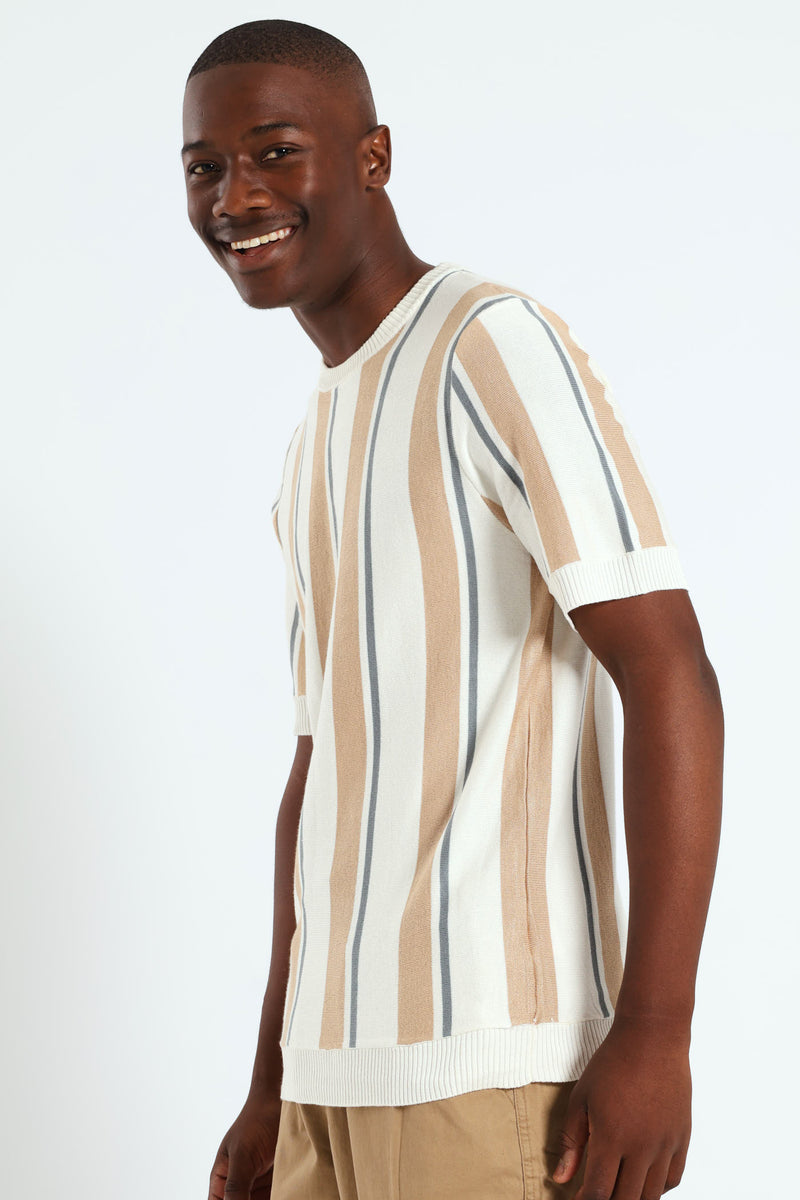 Stripe Knit Fine Gauge Crew Tee - Off White