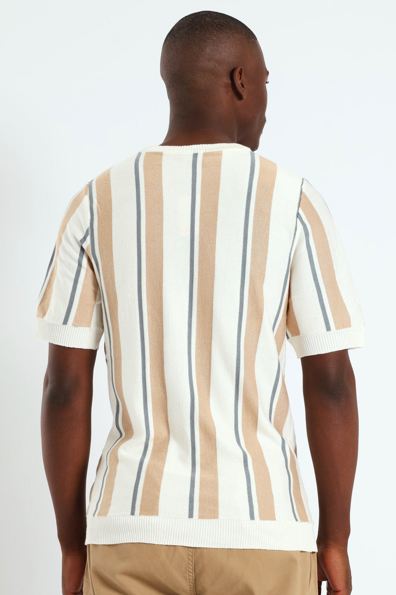 Stripe Knit Fine Gauge Crew Tee - Off White