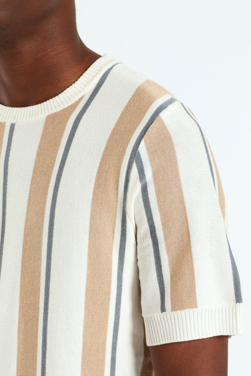 Stripe Knit Fine Gauge Crew Tee - Off White