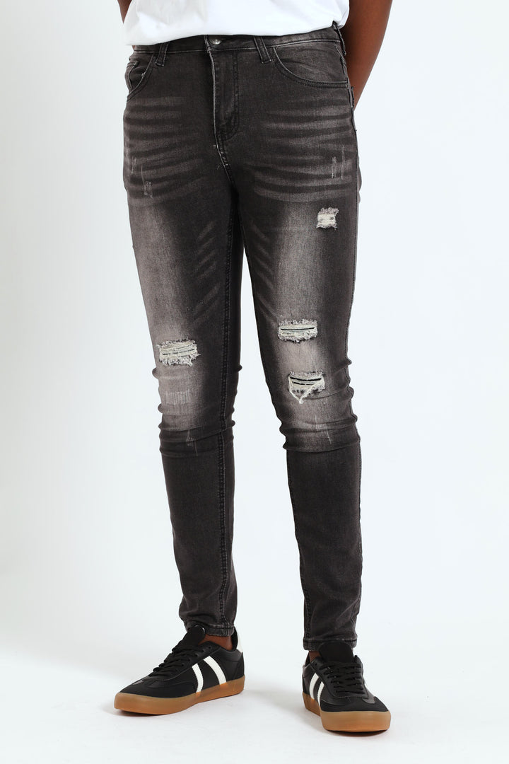 Rip & Repair Knee Skinny Denim - Black