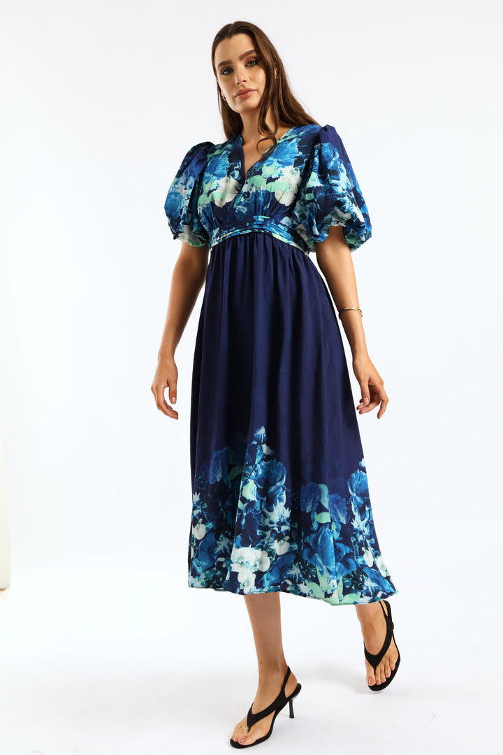 Bubble Sleeve V-Neck Fit & Flare Pintuck Waist Midaxi Dress - Navy