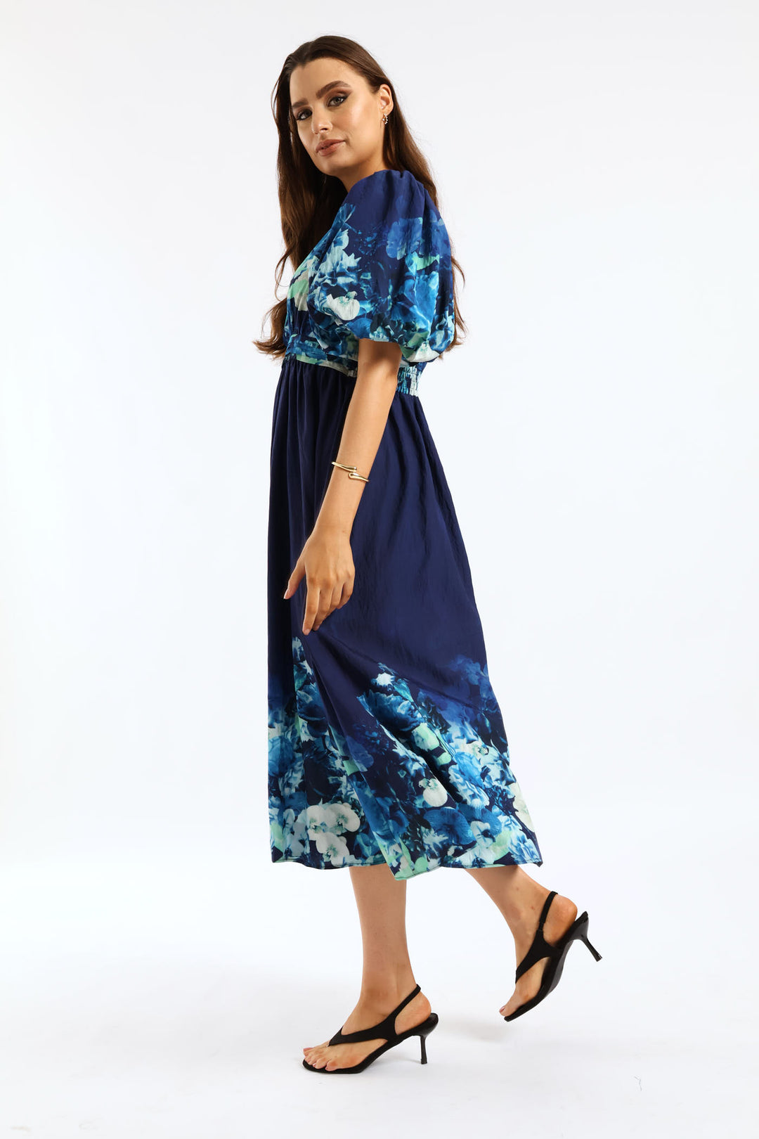 Bubble Sleeve V-Neck Fit & Flare Pintuck Waist Midaxi Dress - Navy