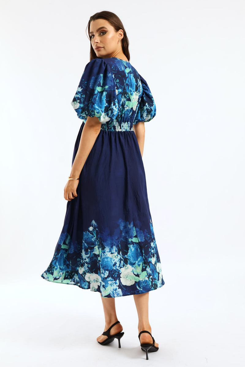 Bubble Sleeve V-Neck Fit & Flare Pintuck Waist Midaxi Dress - Navy