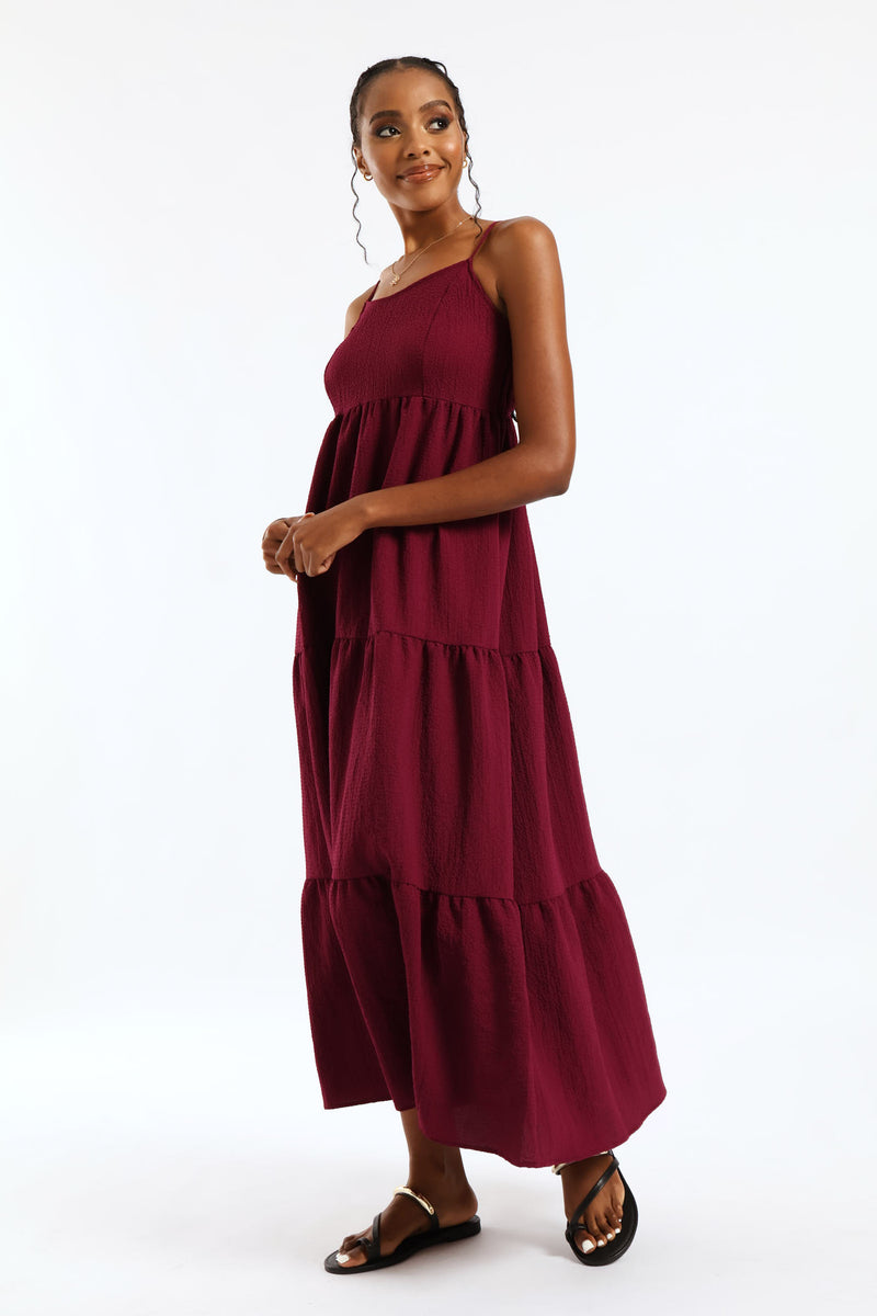 Strappy Tiered Midi Dress - Maroon
