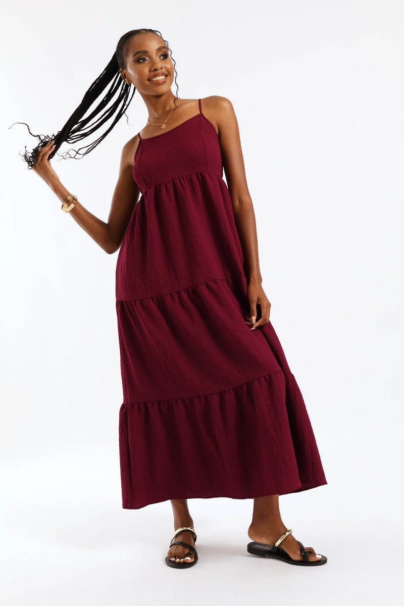 Strappy Tiered Midi Dress - Maroon