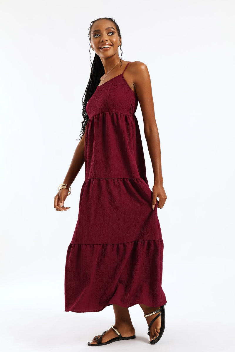 Strappy Tiered Midi Dress - Maroon