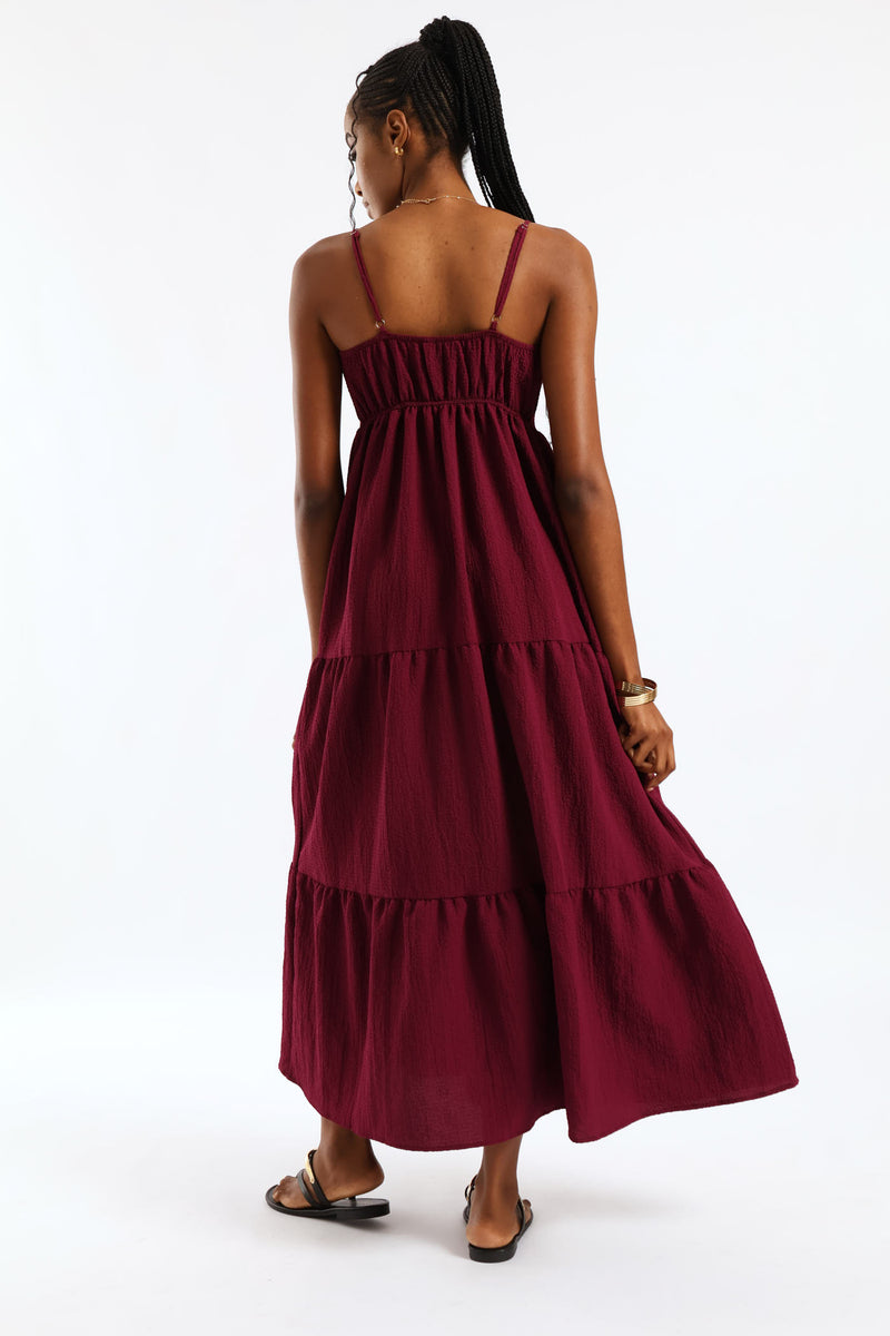 Strappy Tiered Midi Dress - Maroon