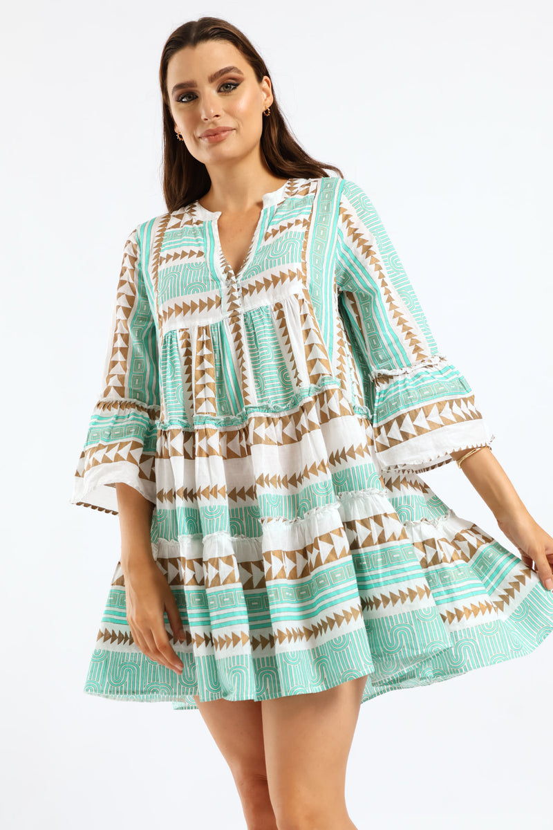 Smocked Chest Elasticated Cap Sleeve Dress - Multi