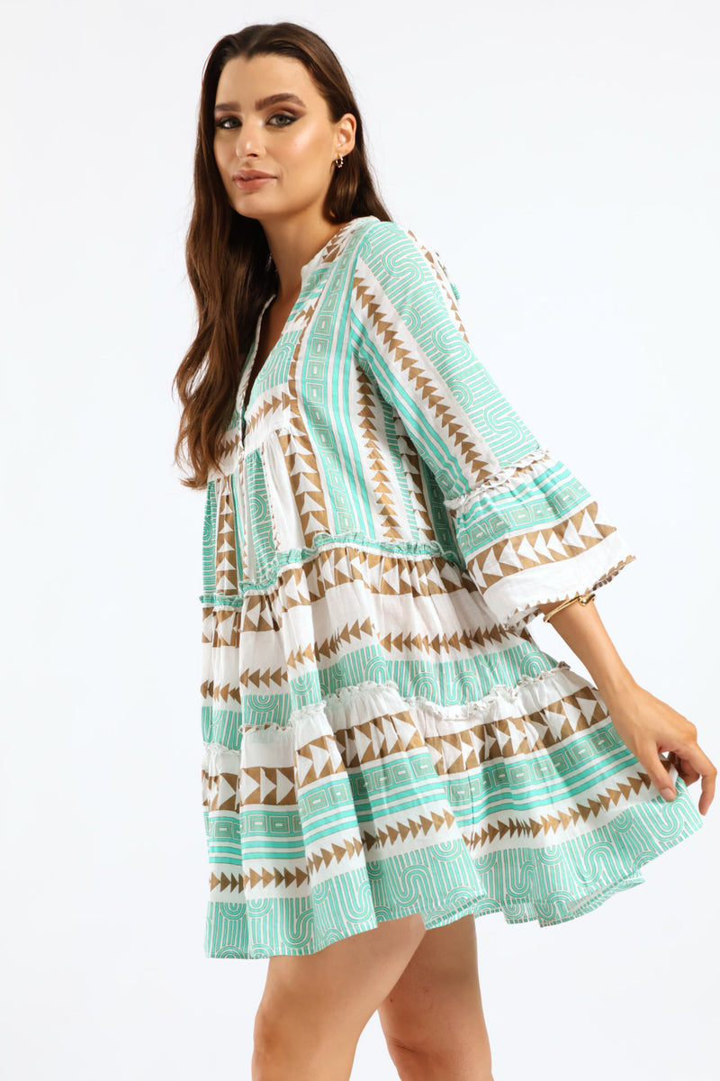 Smocked Chest Elasticated Cap Sleeve Dress - Multi