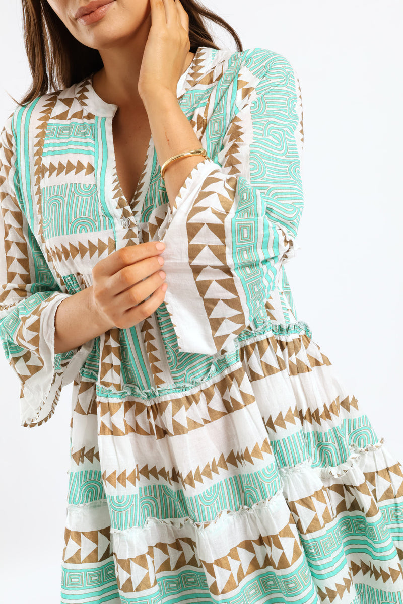 Smocked Chest Elasticated Cap Sleeve Dress - Multi