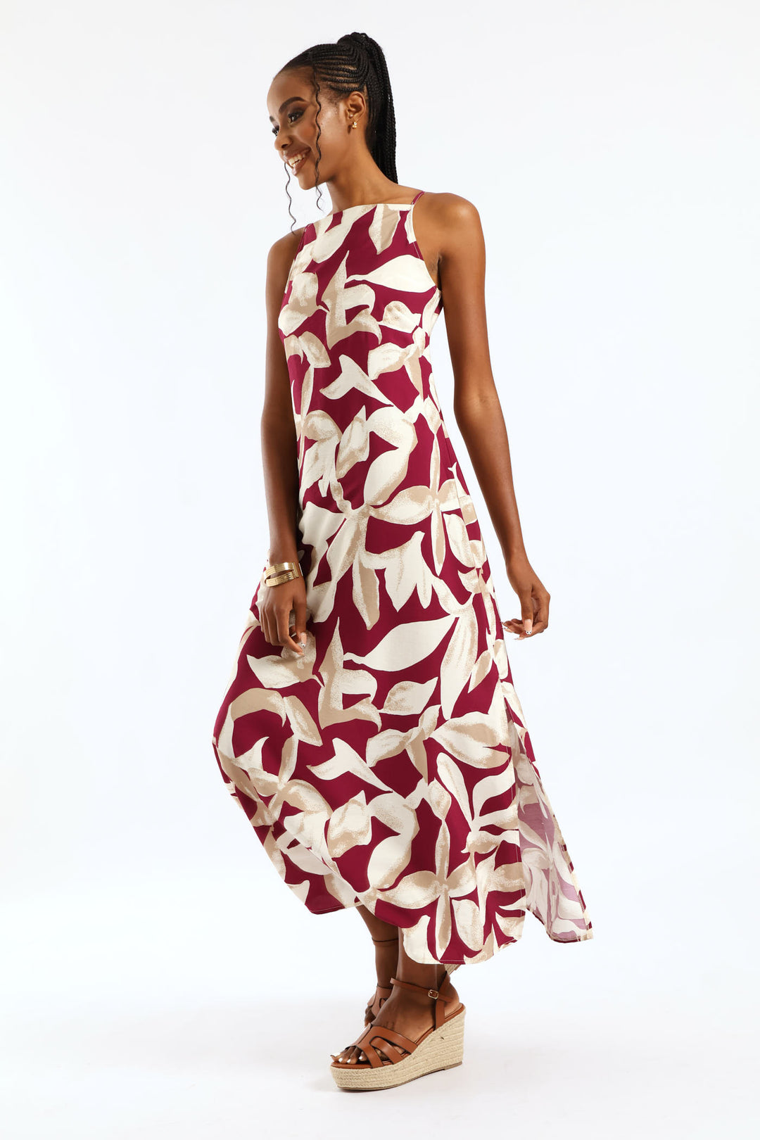 Hi-Neck Midaxi Slip Dress - Stone/Plum