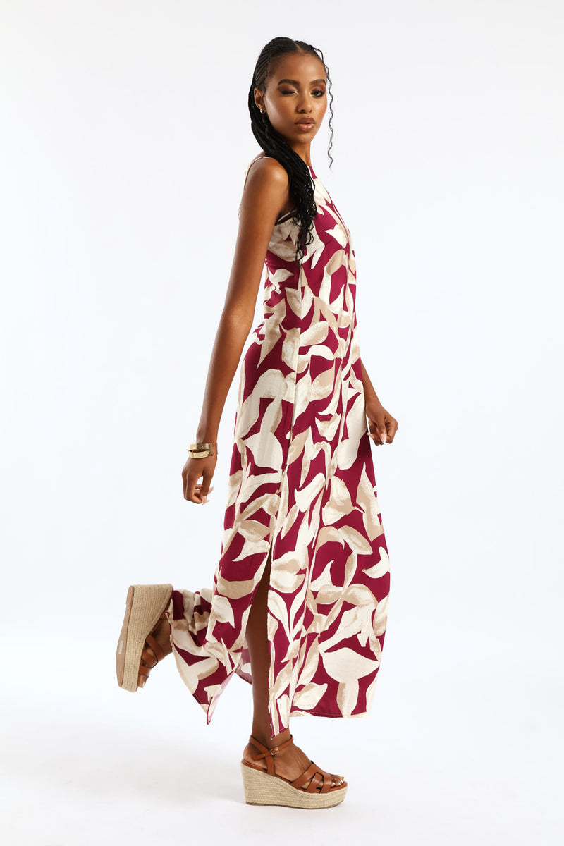 Hi-Neck Midaxi Slip Dress - Stone/Plum