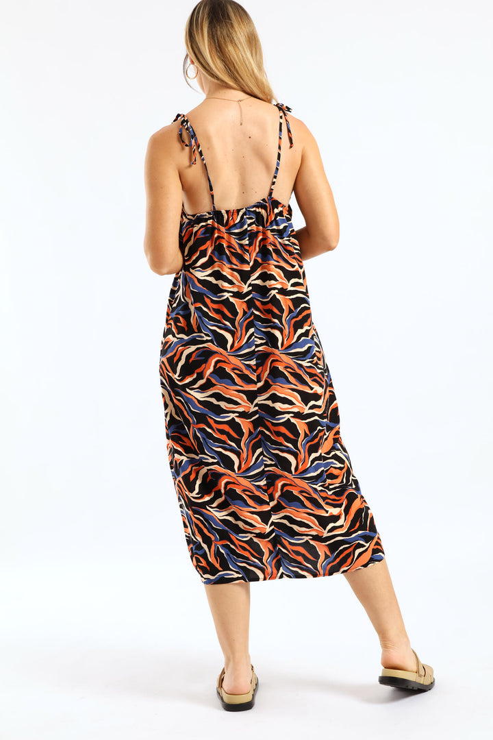 Strappy Tie Frill Neck Shift Midi Dress - Multi