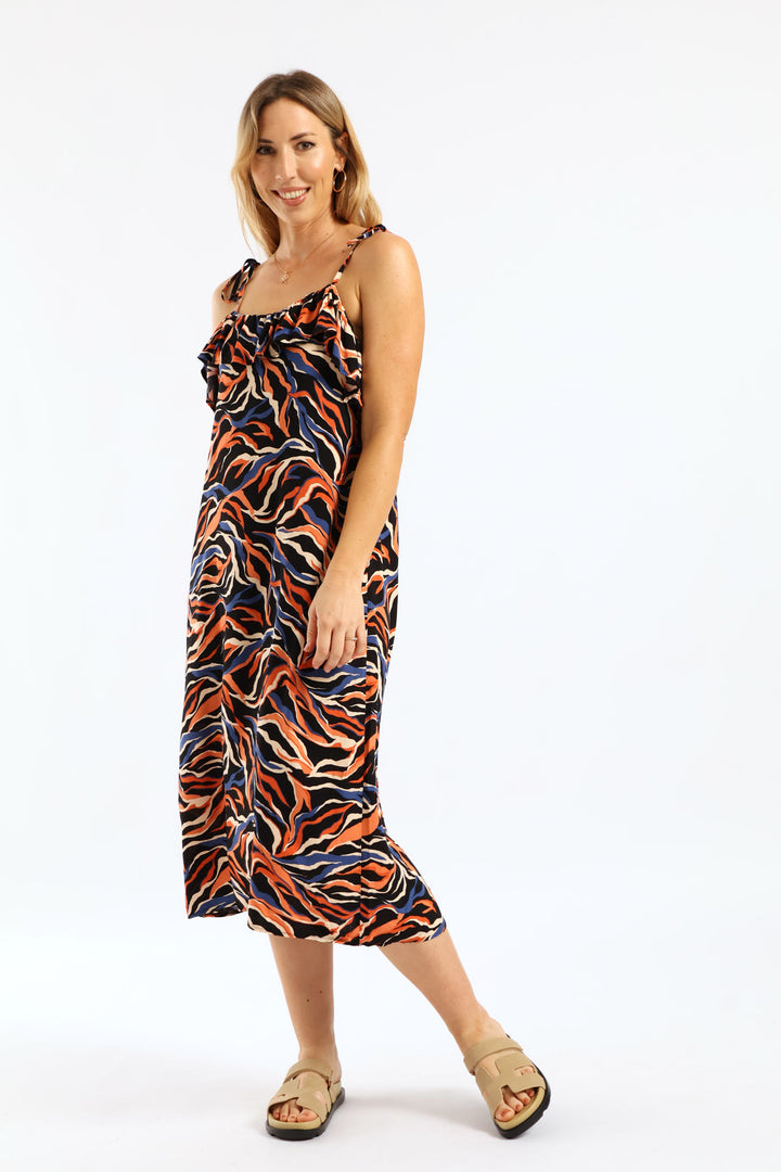 Strappy Tie Frill Neck Shift Midi Dress - Multi