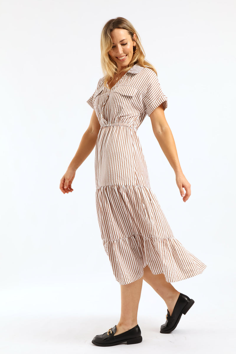 Mockwrap Tiered Utility Pocket Maxi Dress - Brown/White