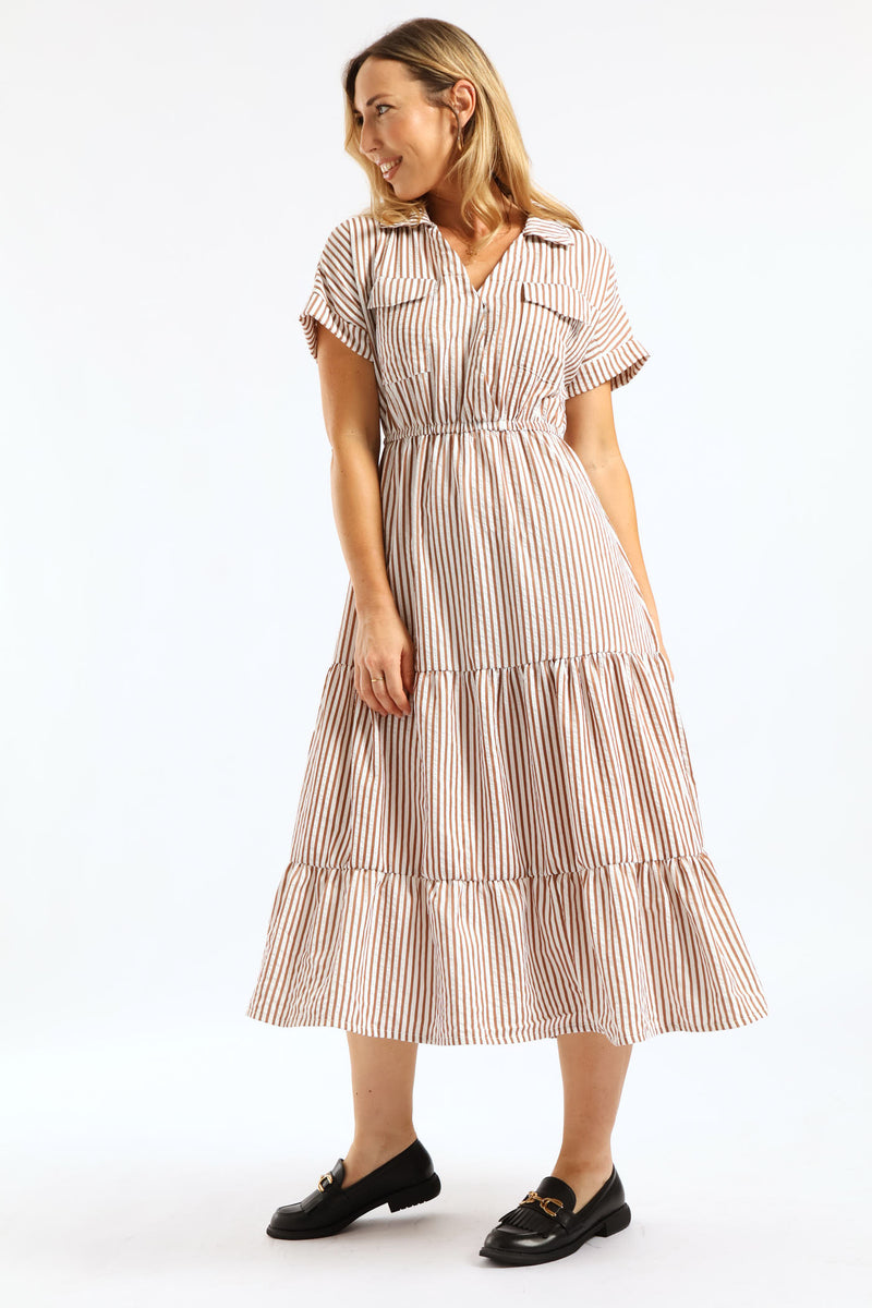 Mockwrap Tiered Utility Pocket Maxi Dress - Brown/White