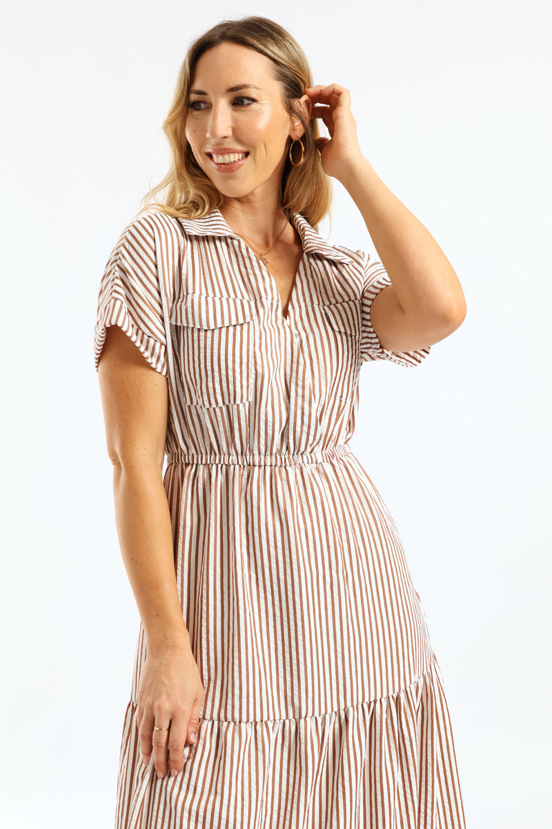 Mockwrap Tiered Utility Pocket Maxi Dress - Brown/White