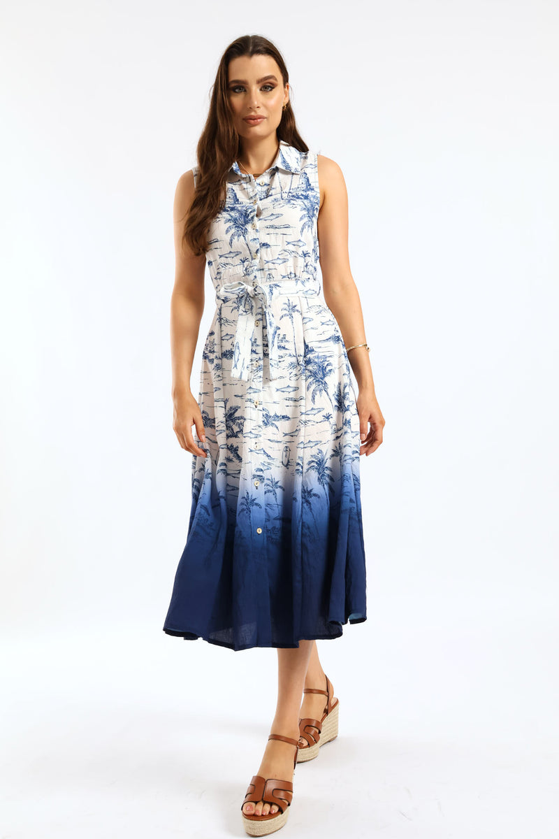 Palm Ombre Midi Shirt Dress - Navy/White