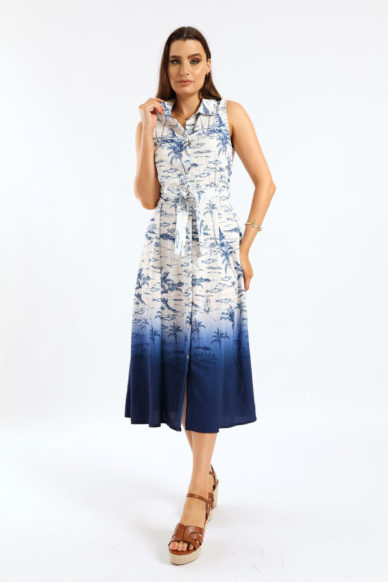 Palm Ombre Midi Shirt Dress - Navy/White