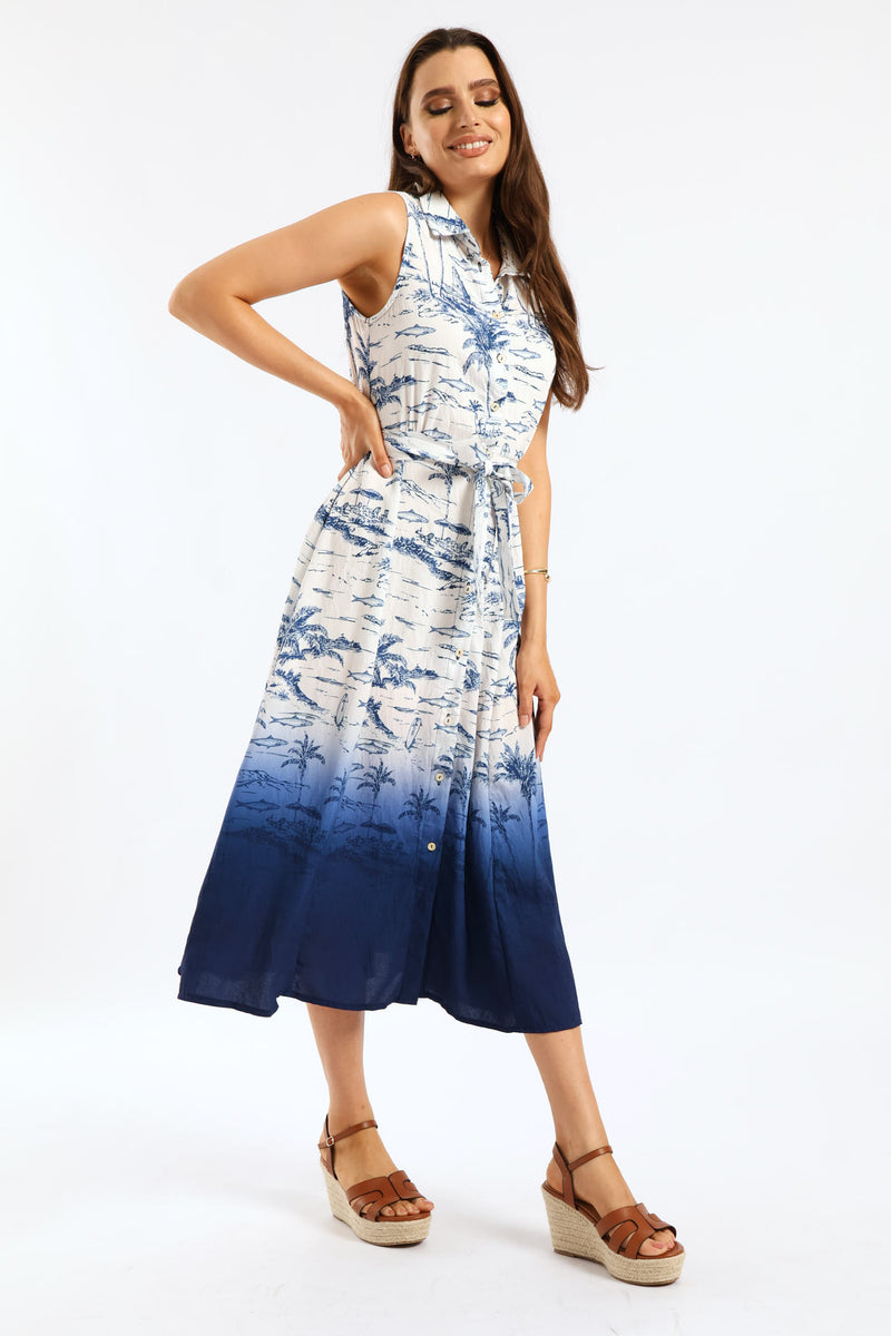 Palm Ombre Midi Shirt Dress - Navy/White