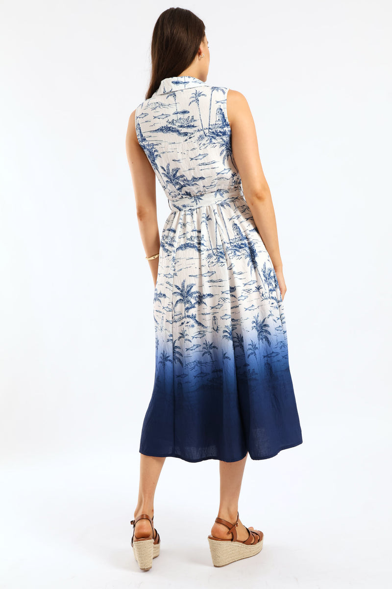 Palm Ombre Midi Shirt Dress - Navy/White